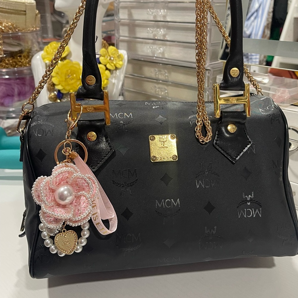 MCM Black Visetos Satchel with Gold Hardware